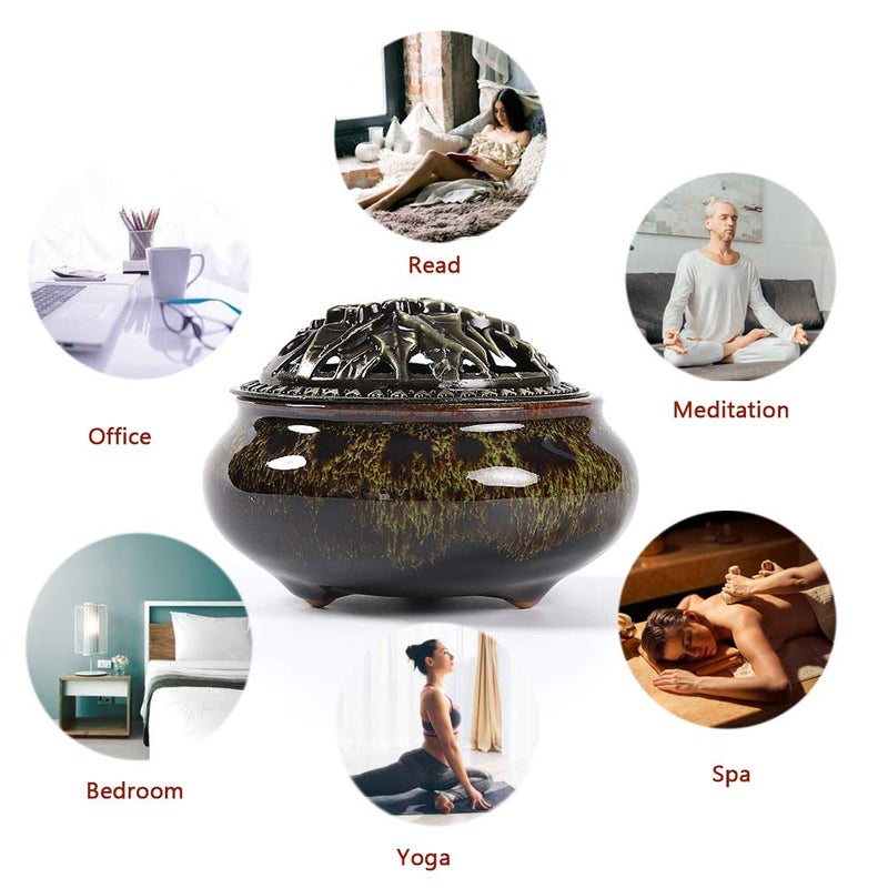 LamDawn Incense Burner with Calabash Incense Stick Holder - Porcelain Charcoal Censer for Use with Resin Granular Powder Cone or Coil Incense (Fambe Green) - Image 5